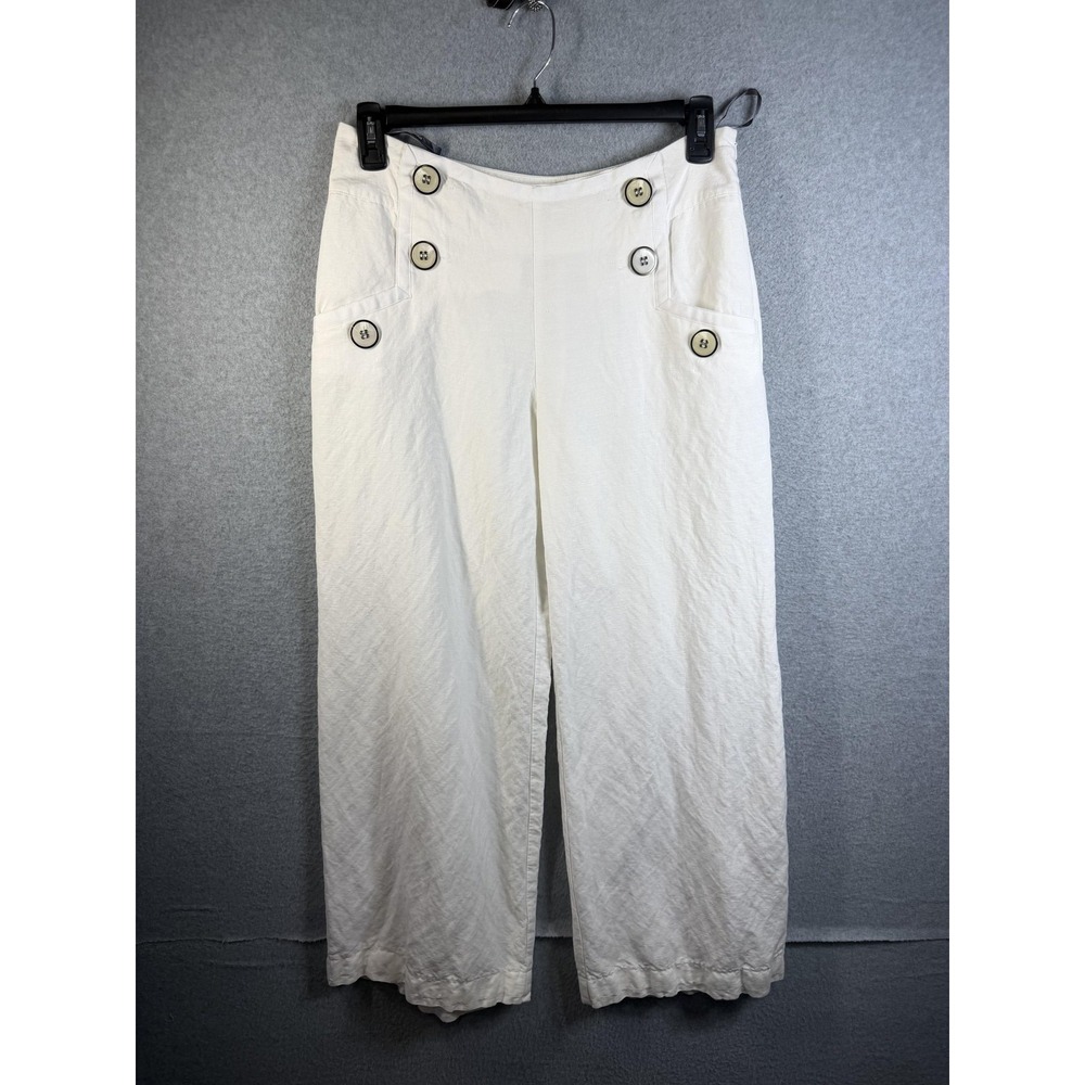 Et Vous Pants Womens 12 White Linen Blend Sailor Button Wide Leg Crop Casual